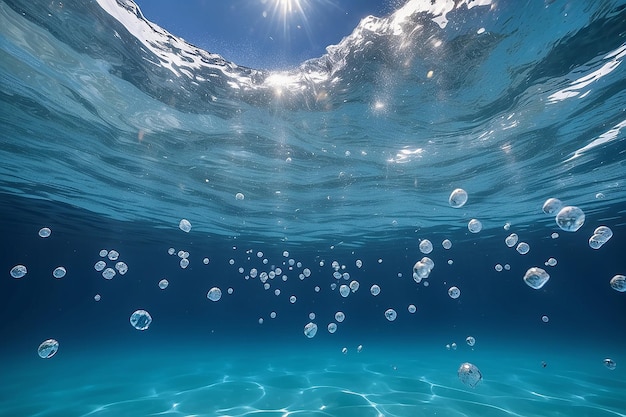 Bubbles sparkling in blue water