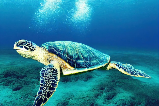 Bubbles of water on ocean floor sea turtle