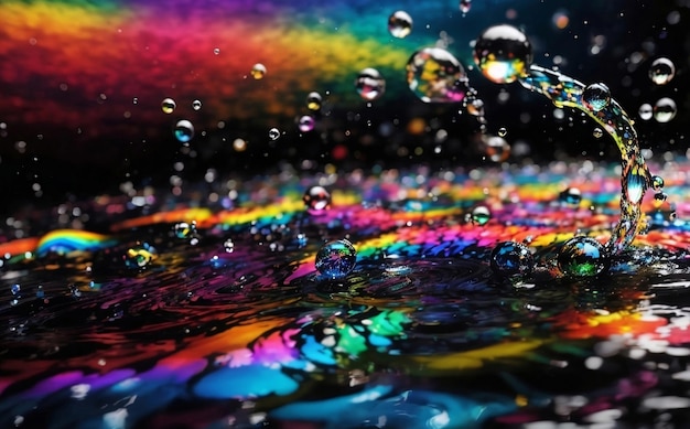 Bubbles and water splash with rainbow reflection water