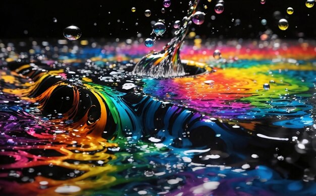 Bubbles and water splash with rainbow reflection water