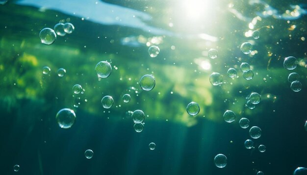 Photo bubbles in the water with sunlight and the sun behind them