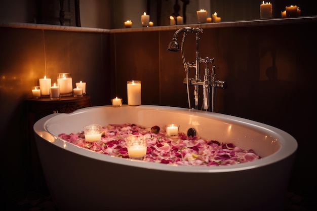 생성 인공 지능으로 만든 낭만적인 휴가를 위한 장미 꽃잎과 촛불이 있는 거품 목욕