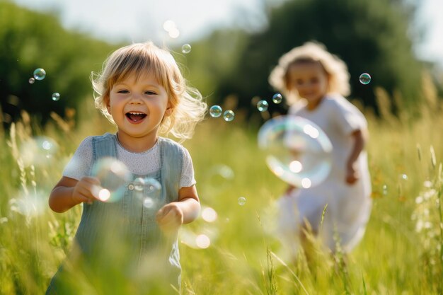 Bubbling Bliss Kids' Happiness in Meadow Play