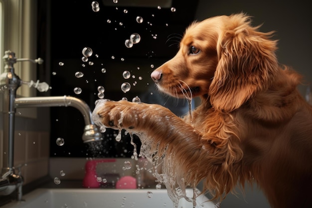 Photo bubbly paw being rinsed under a faucet