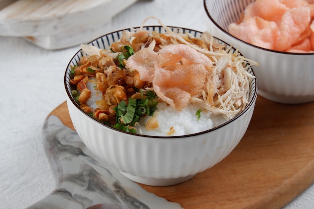 bubur ayamor Indonesian rice porridge served with shredded chicken