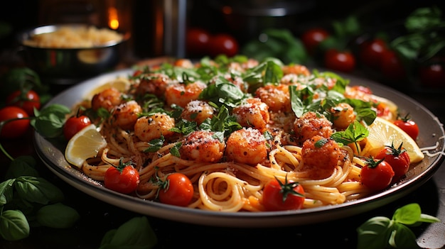 Foto bucatini pasta met garnalen en ansjovis met tomatensaus closeup view