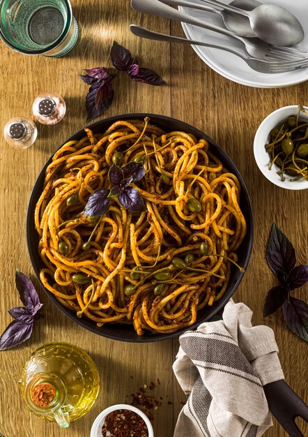 Bucatini pasta with Sicilian almond pesto. traditional vegan italian cuisine