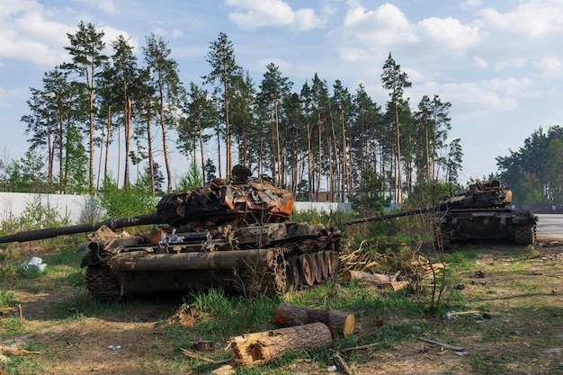 Bucha ukraine 12052022 irpin bucha atrocities of the russian\
army in the suburbs of kyiv russian tank knocked out by the\
ukrainian army war of russia against ukraine