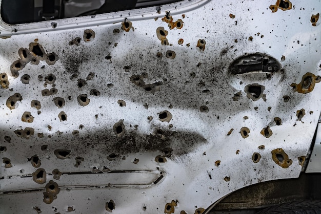 Bucha Ukraine May 22 2022 traces of numerous shots fired at a civilian car by soldiers of the Russian army