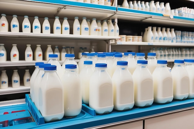 Фото bucharest romania march 07 2018 fresh milk bottles on supermarket stand