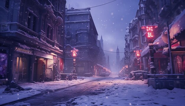 Bucharest street old town old city winter heavy snow comprehensive cinematic atmosphere mast