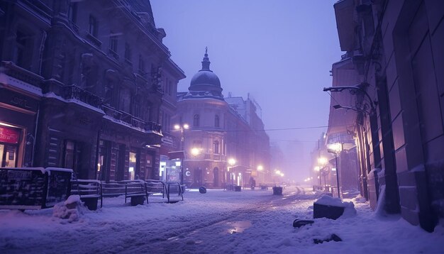 Bucharest street old town old city winter heavy snow comprehensive cinematic atmosphere mast