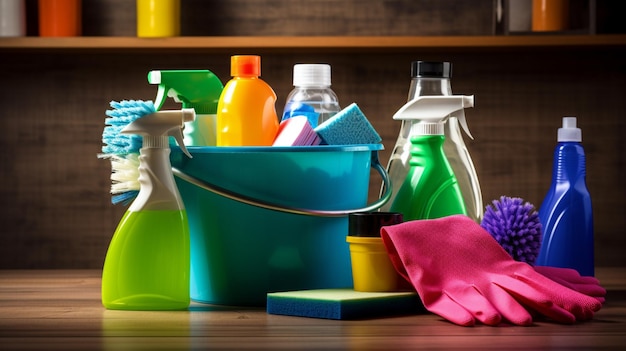 A bucket of cleaning supplies sits on a table with a bucket of cleaning supplies.