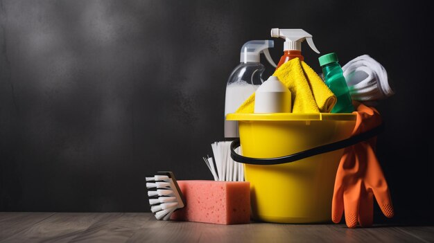 A bucket of cleaning supplies sits on a table.