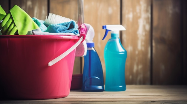 Photo a bucket of cleaning supplies sits on a wooden floor.