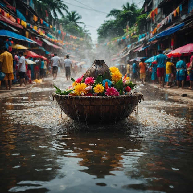a bucket of flowers is surrounded by water and people are standing in the street