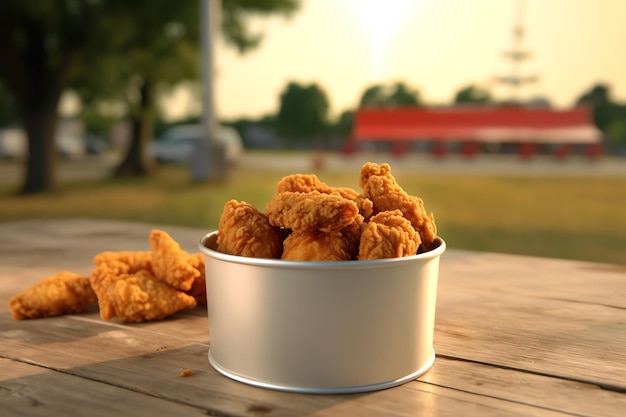 A bucket of fried chicken on a picnic table