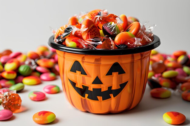 Photo a bucket full of candy sitting on top of a table