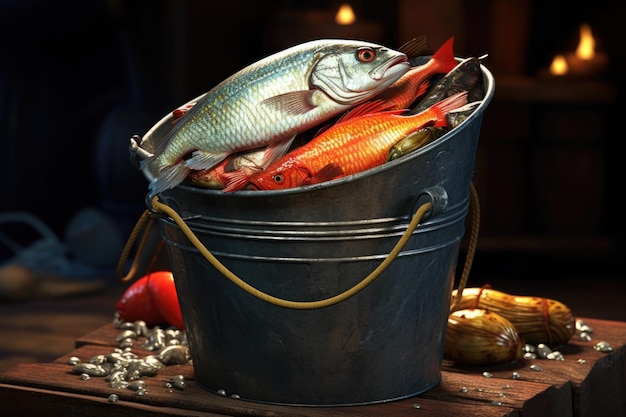 A bucket full of fish sitting on top of a wooden table Perfect for seafood restaurant menus and advertisements