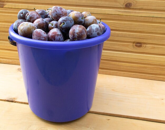 A bucket full of fresh plums on wooden background