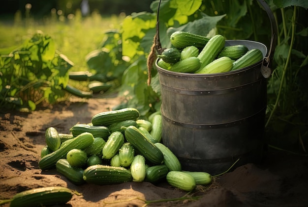 a bucket full of ripe cucumbers on the ground in the style of metropolis meets nature