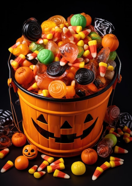 A bucket full of tasty sweets and candies ready for Halloween Generative AI