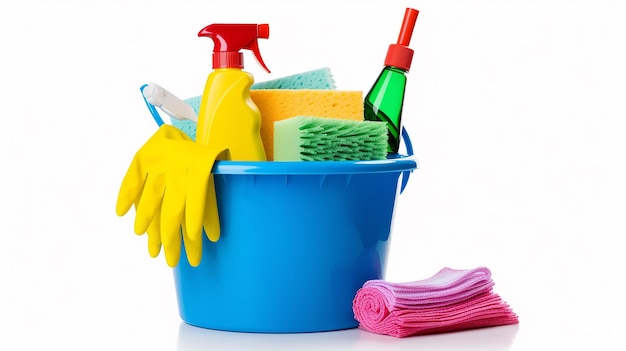 Bucket and gloves for cleaning isolated on white