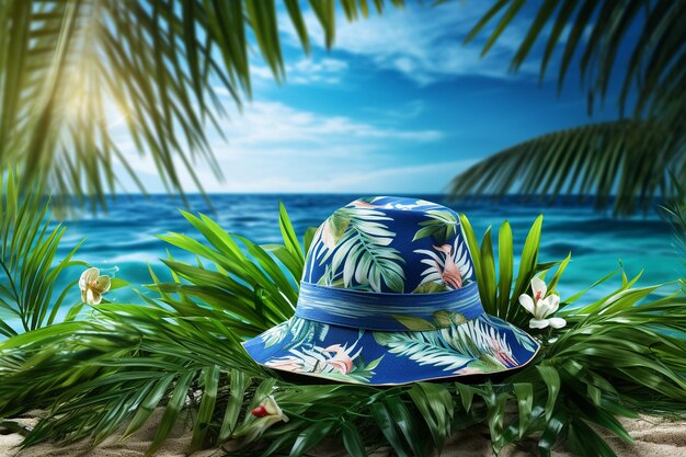 Photo bucket hat mockup with palm leaves