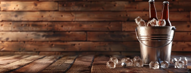 Foto un secchio di cubetti di ghiaccio su un tavolo di legno