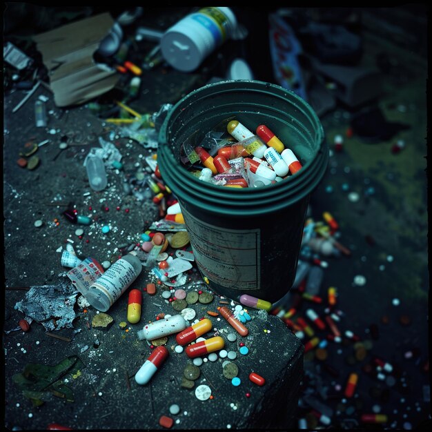 Photo a bucket of pills and a bottle of medicine on the ground