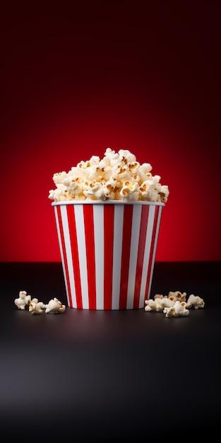 a bucket of popcorn on a black surface