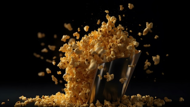 A bucket of popcorn is falling into a black background.