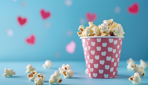 Bucket of popcorn with hearts decor on blue background Valentines Day celebration