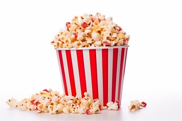 A bucket of popcorn with red and white stripes sits next to it.