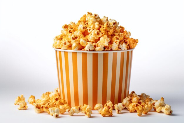 A bucket of popcorn with a white background