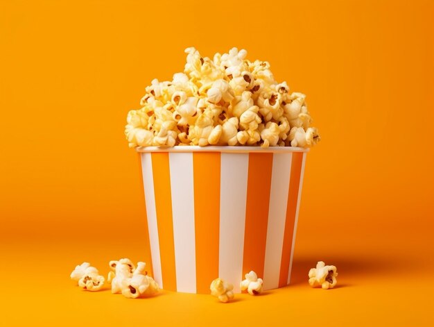 Bucket of popcorns on yellow background