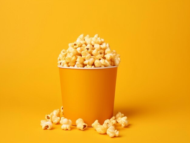 Bucket of popcorns on yellow background