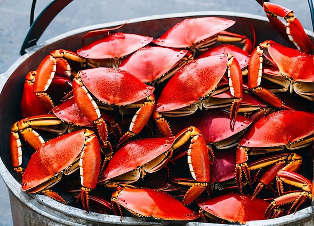 Photo a bucket of red crabs with the word crab on it