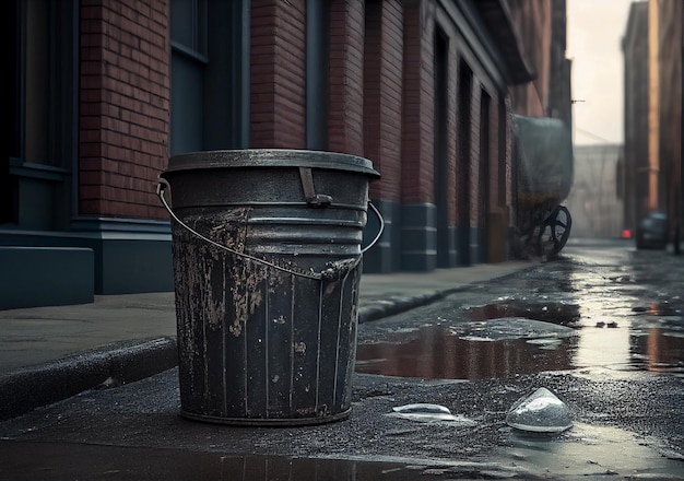 The bucket stands on the asphalt on the street