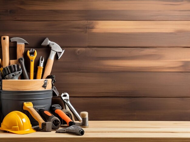 Photo a bucket of tools sits on a wooden table with a wooden wall behind them