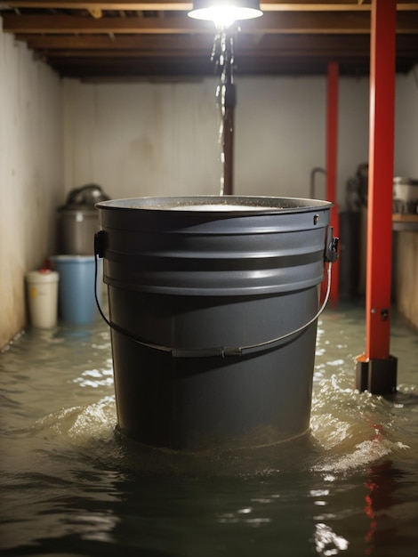 Bucket in the water of a flooded building closeup Generative AI