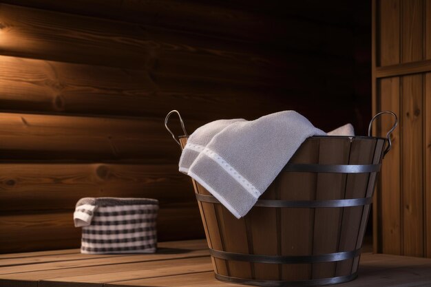 Photo bucket and white towels visible in sauna