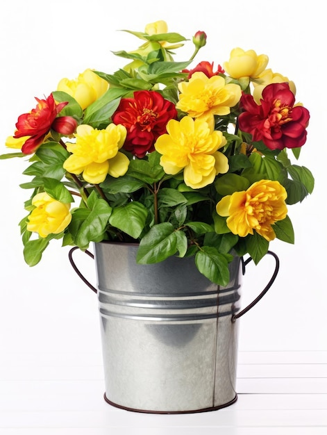 Bucket of whith yellow and red peonies with lush green leaves on white background