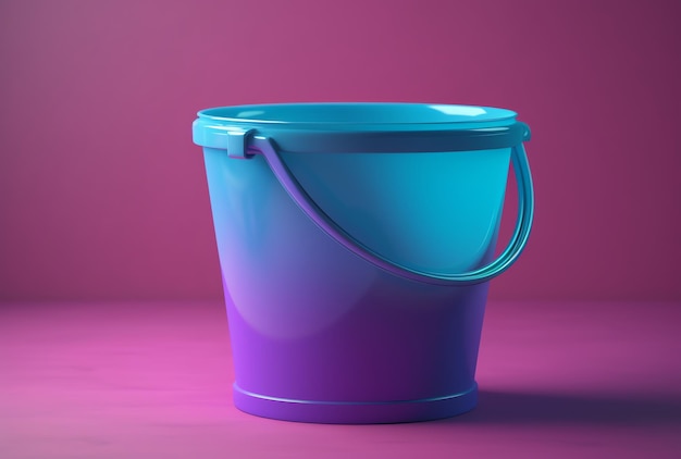 A bucket with a blue handle is on a pink background.