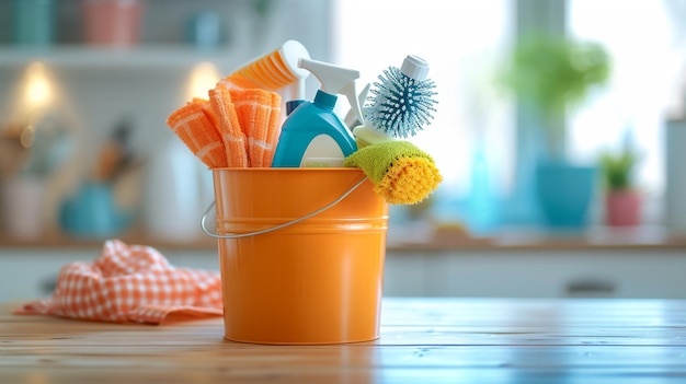 사진 bucket with cleaning items on wooden table against