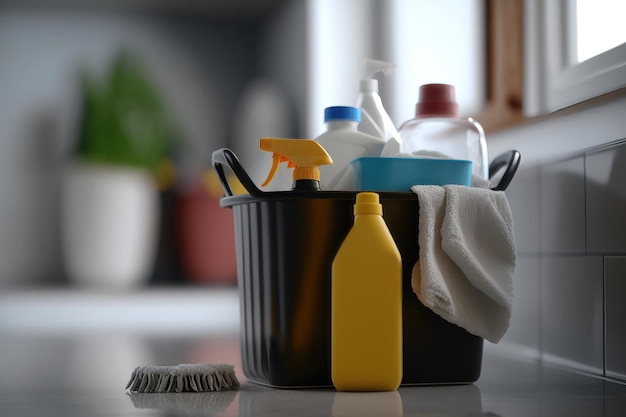 Bucket with cleaning items on wooden table and blurry modern kitchen background AI Generation