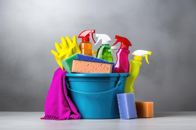 Bucket with cleaning products on the table on a gray background