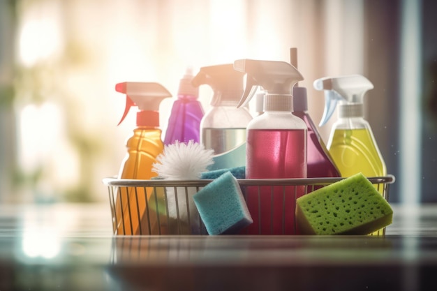 Bucket with cleaning supplies bottles and sponges on table with blurred home background