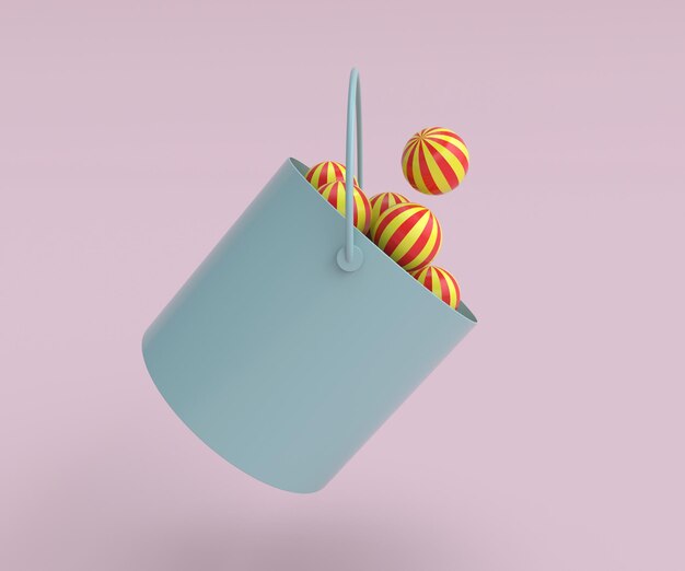 Bucket with colorful ball icon minimal 3d render illustration on light pink background