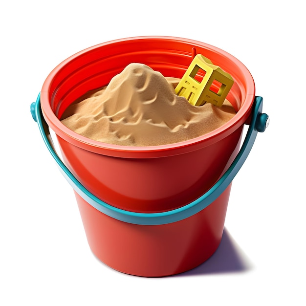 A bucket with a house in it that is red and blue.